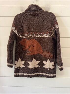 Mary Maxim Roots Colab Size XS ( Generous) Hand Knit Beaver Cardigan Full Zip